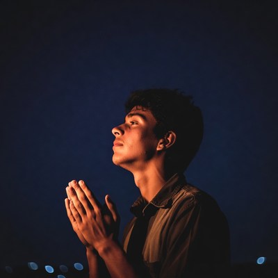 Young man praying with hands clasped