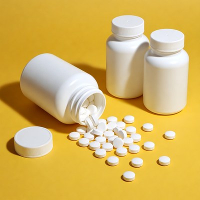 Spilled white pills from open bottle