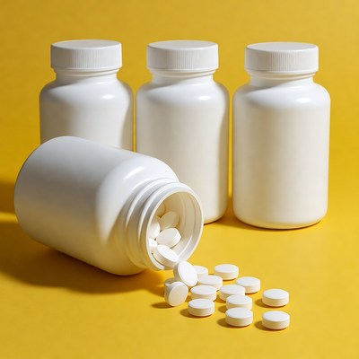 White Pill Bottles Spilling Pills on Yellow