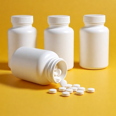 Spilling Pills from White Bottles on Yellow