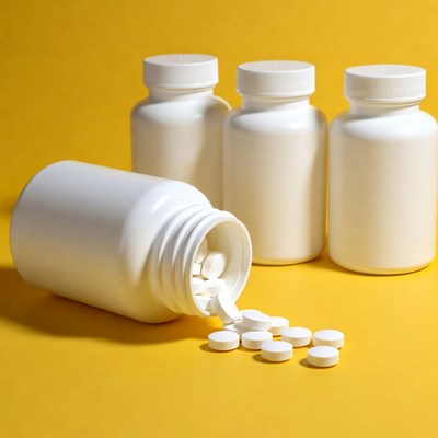 Pills spilling from white bottle