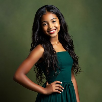 Smiling Black girl in green dress