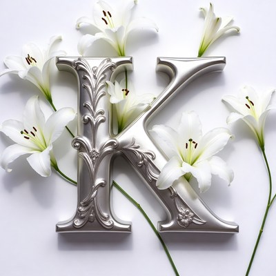 Silver K Letter with White Lilies