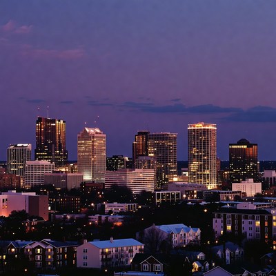 City skyline at dusk