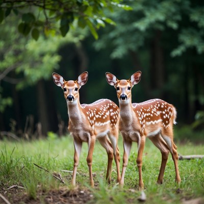 Two fawns standing in forest