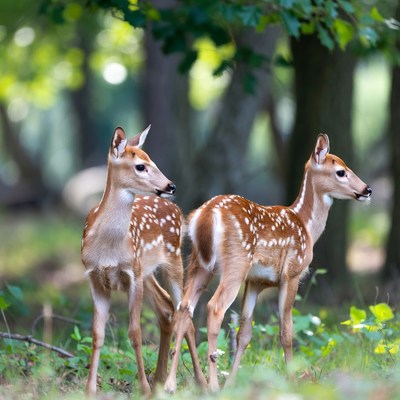 Two fawns in green forest