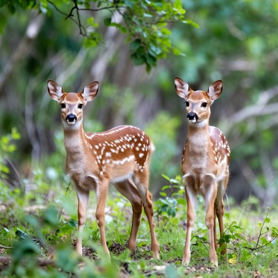 Two fawns in green forest