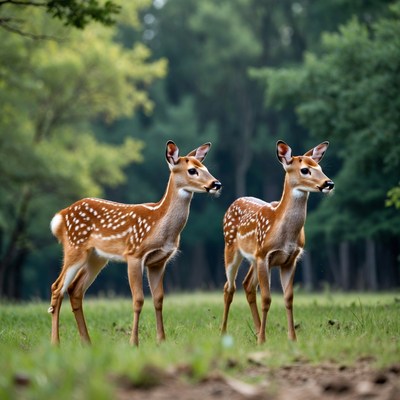 Two fawns standing in forest grass