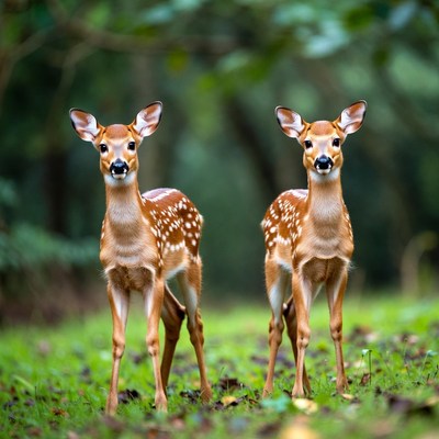 Two fawns standing in forest