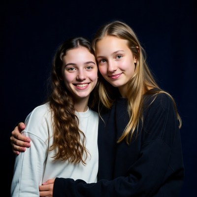 Two teenage girls hugging smiling