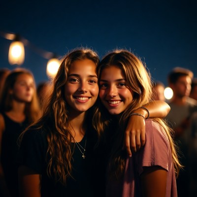 Two smiling teenage girls hugging at night festival