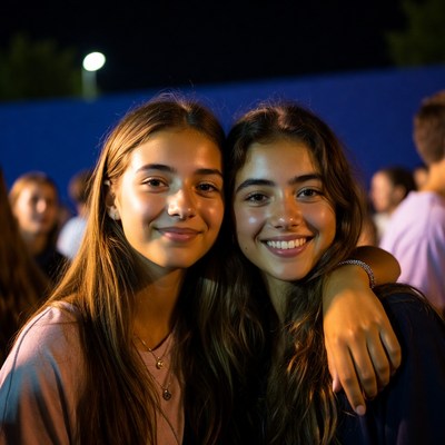 Two smiling teenage girls hugging at night event