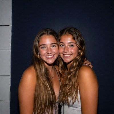 Two smiling teenage girls hugging