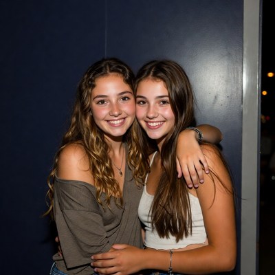 Two smiling teenage girls hugging