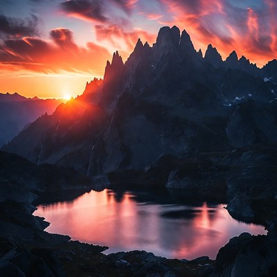 Sunset over Jagged Mountains and Lake