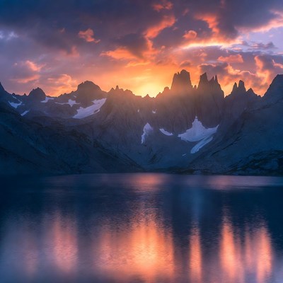 Sunset over Patagonia Mountains and Lake