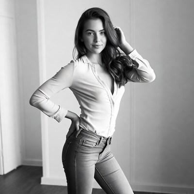Woman posing in white blouse jeans