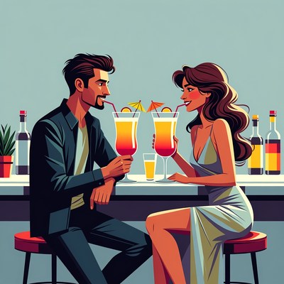 Couple toasting tropical cocktails at bar