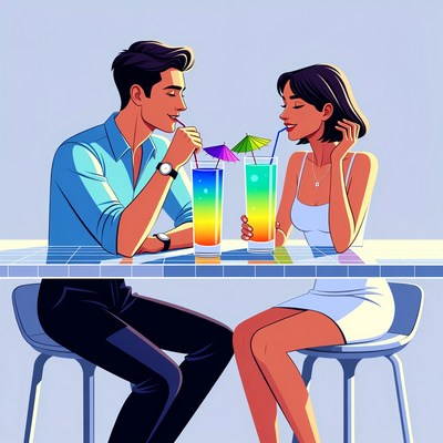 Asian couple drinking rainbow cocktails