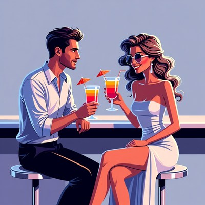 Couple toasting orange cocktails at bar