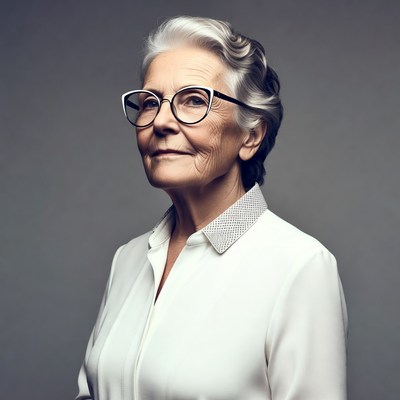 Elderly woman with glasses smiling
