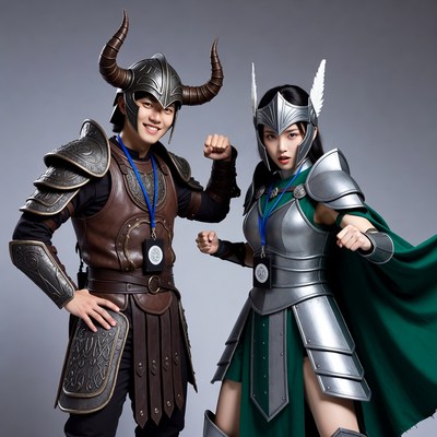 Asian couple in Viking warrior cosplay