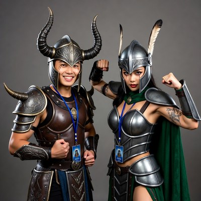 Asian couple in Viking warrior cosplay