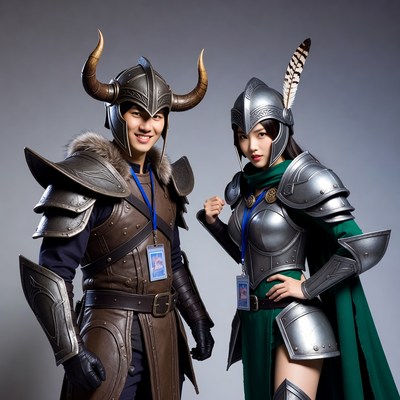 Asian couple in Viking knight cosplay