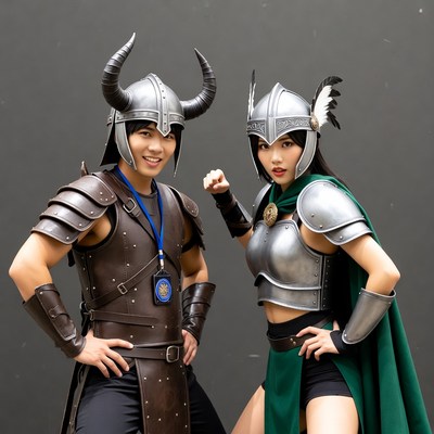 Asian couple in Viking warrior cosplay