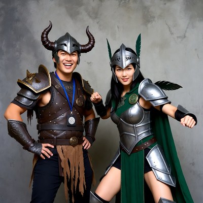 Asian couple in Viking elf cosplay
