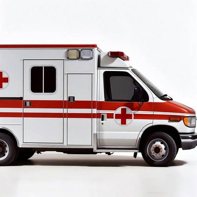 Red and white ambulance on white background