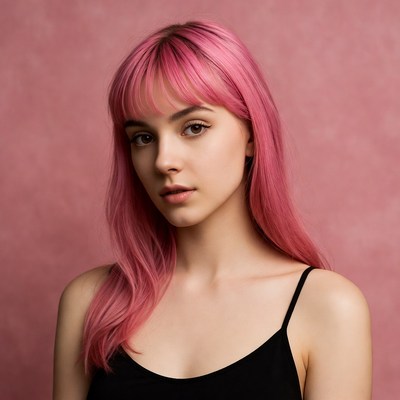 Woman with pink hair on pink background