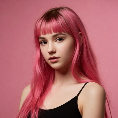 Girl with pink hair on pink background