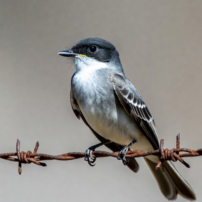 Eastern Phoebe perched on barbed wire