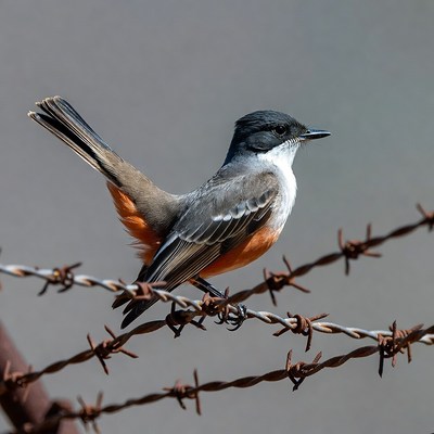 Vermilion Flycatcher perched on barbed wire