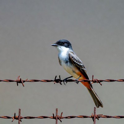 Vermilion Flycatcher perched on barbed wire
