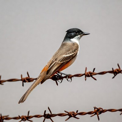 Mockingbird perched on barbed wire