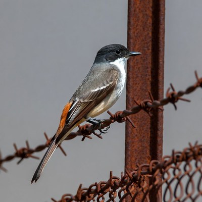 Vermilion Flycatcher perched on barbed wire