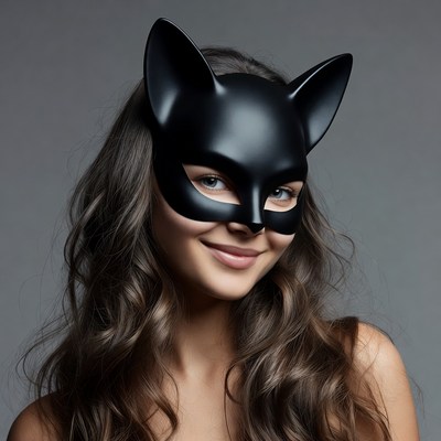 Woman wearing black cat mask