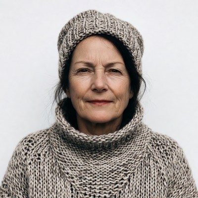 Woman wearing knit beanie and turtleneck