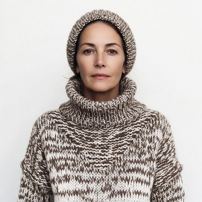 Woman in knitted beanie and turtleneck sweater