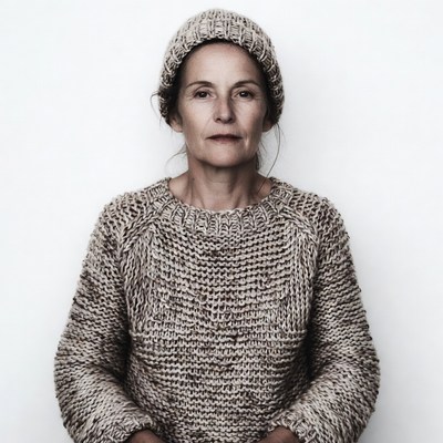 Woman wearing knit beanie sweater