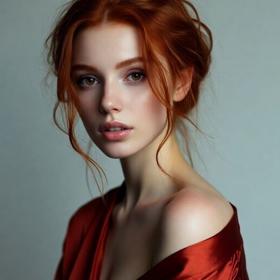 Redhead woman in red silk dress