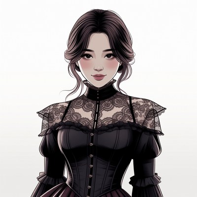 Asian woman in black Victorian dress