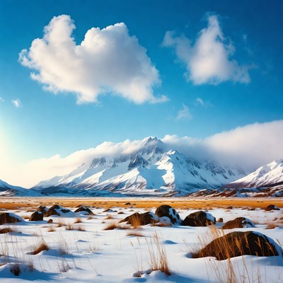 Snowy Mountains with Fluffy Clouds