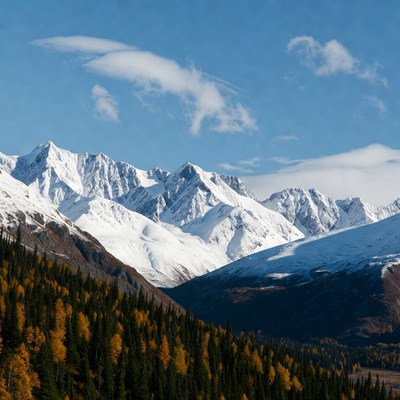 Snowy Mountains with Autumn Forest