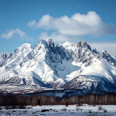 Snowy Mountain Peaks Under Blue Sky