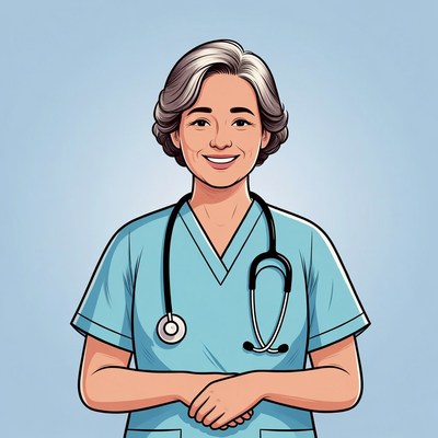 Elderly Asian nurse smiling with stethoscope