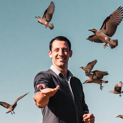 Man feeding birds seeds