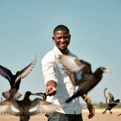 African man feeding flying birds